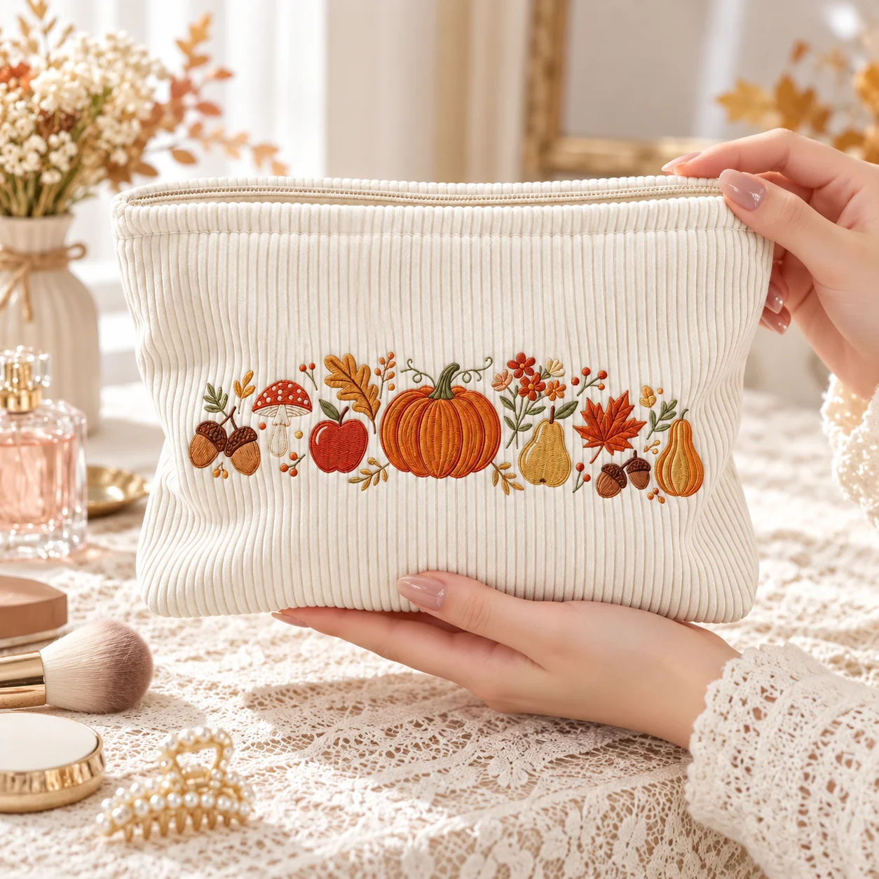 Printed Cosmetic Bag Corduroy Makeup Pouch Cute Pumpkin Floral Pattern Travel Toiletry Organizer Storage Case for Women Girls