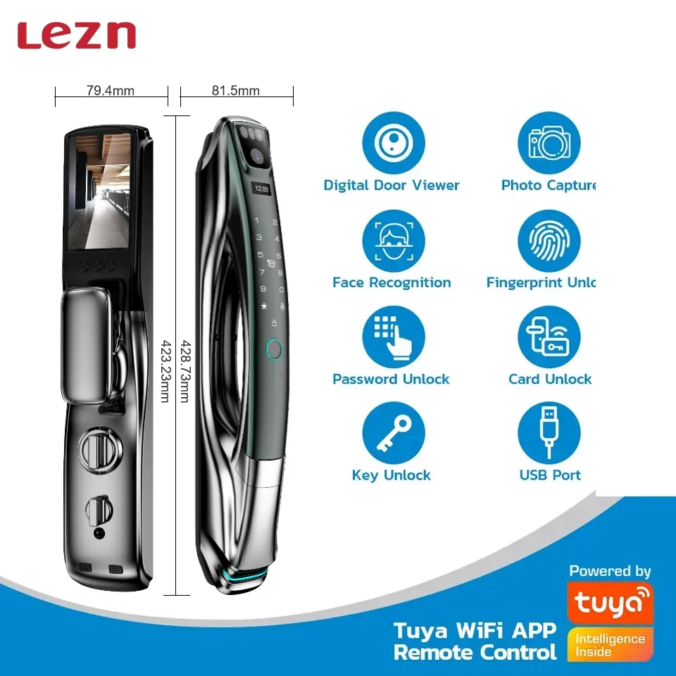 LEZN K12 Tuya 3D facial recognition with camera, fingerprint password key unlocking, smart door lock with WiFi support