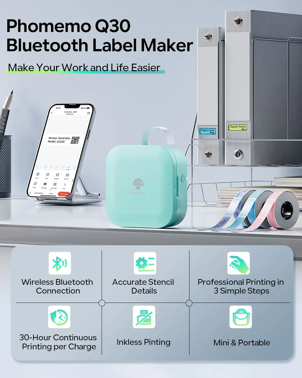 Phomemo Q30 Bluetooth-Thermoetikettendrucker, Taschenaufkleberhersteller für Datums-/DIY-Etiketten, iOS Android Wireless-Drucker, Multi-Paper – Detail 1