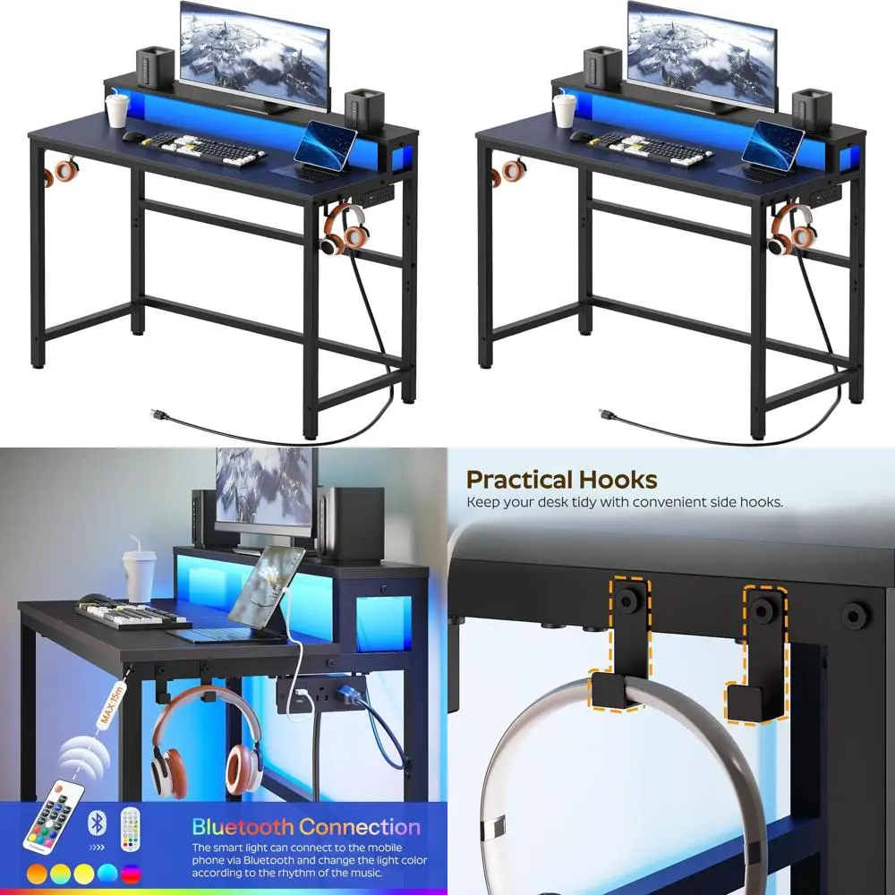 

Компактный компьютерный стол с зарядной станцией, светодиодной подсветкой, подставкой для монитора и боковыми крючками для домашнего офиса или гостиной, черный цвет