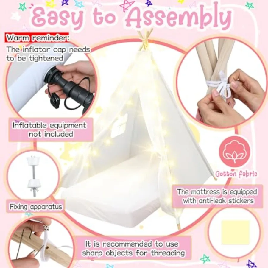 Tente de couchage pour filles, paquet de 8, tente de fête pour fête du pyjama, en vrac avec ficelle légère, matelas pneumatique, drap-housse lavable Na