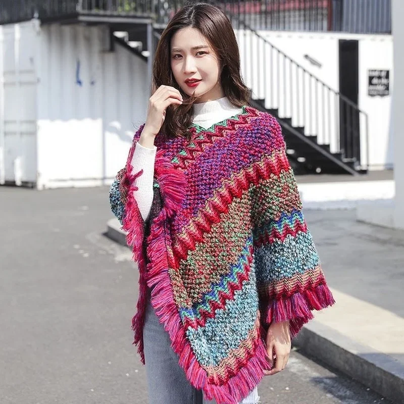 

Spring Autumn Ethnic Style Mohair Tassel Cloaks Women Warm Long Knitted Pullove Capes Tie-Dye Match Colors Ponchos Streetwear