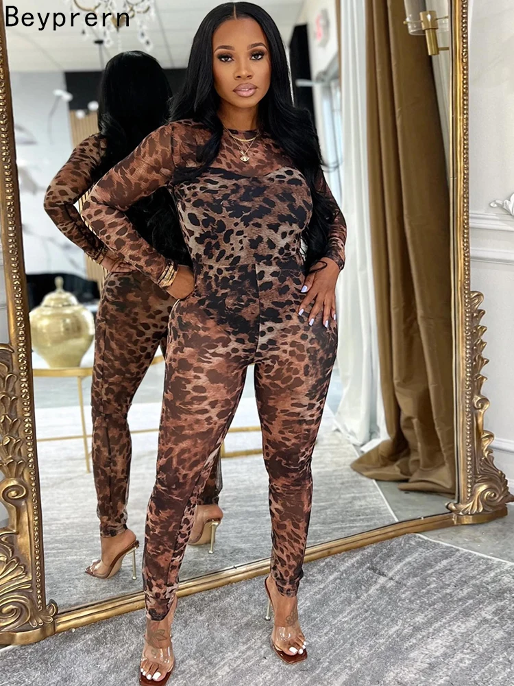 

Beyprern Wild Cheeath Print Mesh Palazzo Jumpsuit One Piece Outfits Chic Long Sleeve Animal Printed Night Out Romper Overalls