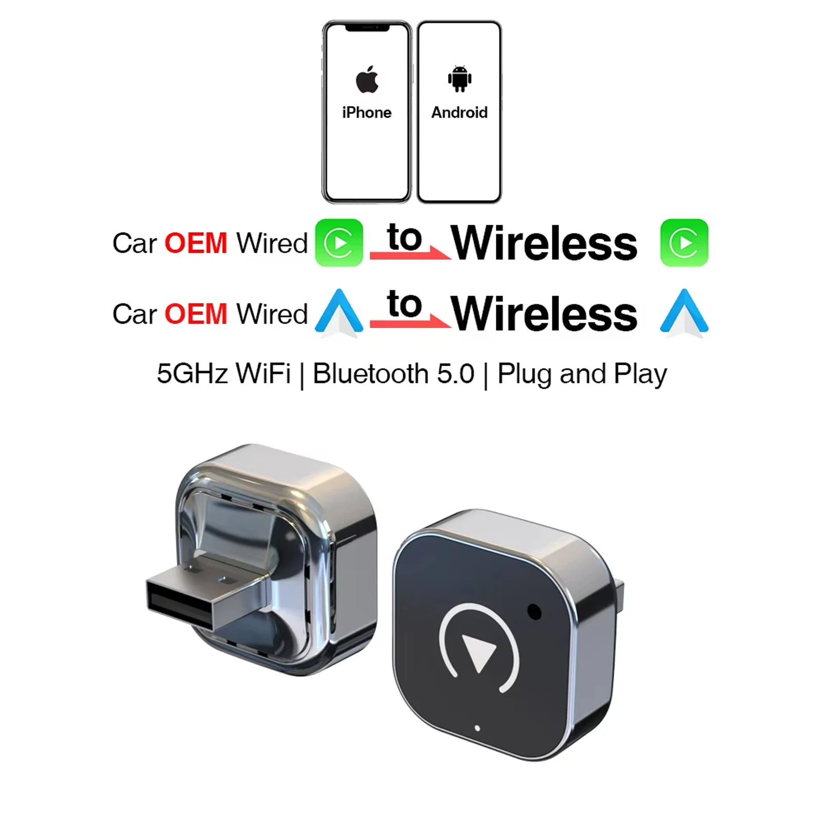 Nieuwe XUDA 2-in-1 draadloze CarPlay-adapter en Android Auto draadloze adapter, 5Ghz WiFi Type-C / USB Plug Play CarPlay Wireless