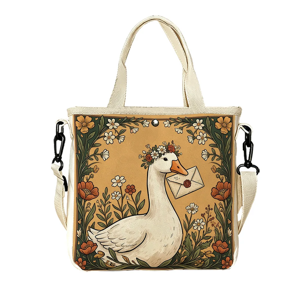 goose with letter Double-Sided Printed Canvas Tote Handbag Detachable Convertible Crossbody Strap for City Errands