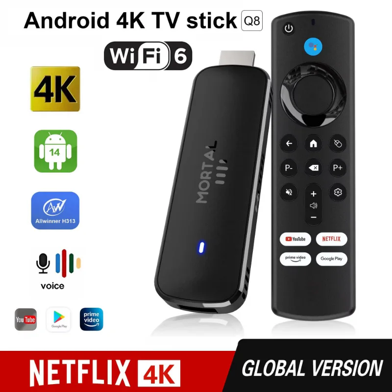 Android14 TV Stick Mortal Q8 Global Version Allwinner H313 Chip Wifi6 Voice Remote 8K 4K@60fps YouTube Stream TV Stick 2G8G16G