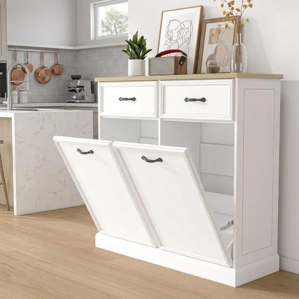 Double Tilt Out Trash Can Cabinet with Storage Drawer 20 galon, Hidden Trash Storage Cabinet, Freestanding White Garbage Can Cabinet, Pet Food Storage, for Kitchen Dining Living Room