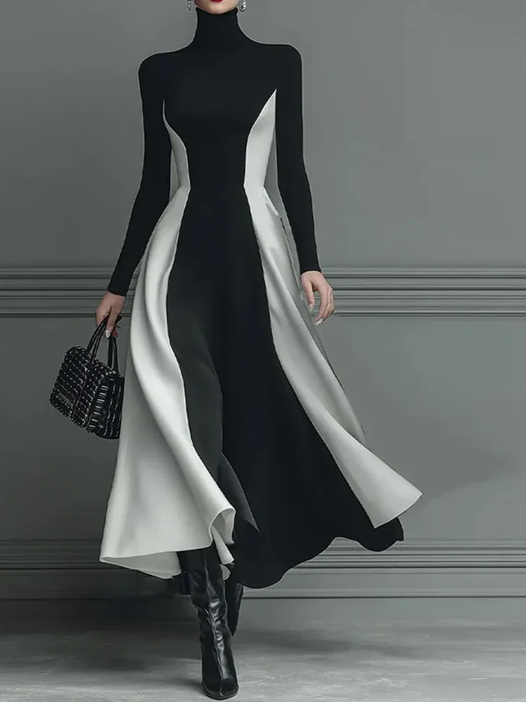 2026 Abito a trapezio a vita alta a contrasto primaverile Donna Dolcevita sexy Abiti da festa eleganti Abito Boho sottile a maniche lunghe casual autunnale