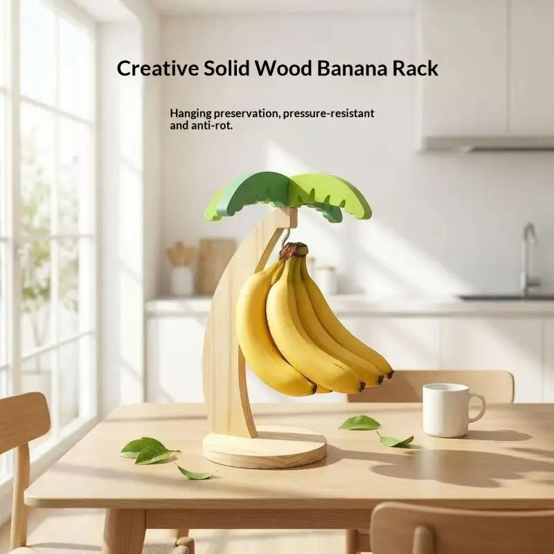 Support à bananes en bois, étagère de cuisine suspendue, support de rangement vertical décoratif pour fruits avec feuilles simulées et crochets, décoration de cuisine