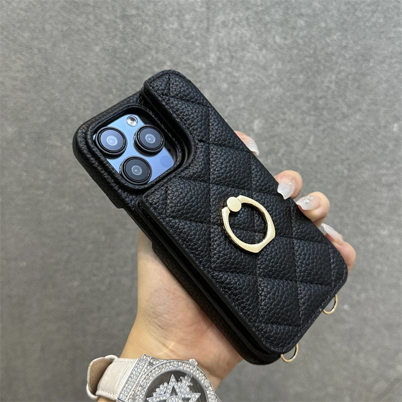 

Luxury Ring Holder Wallet PU Leather Phone Case for iPhone 16 15pro max 15 13 14 Pro 11 12 Trendy Lattice Soft Card Pocket Cover