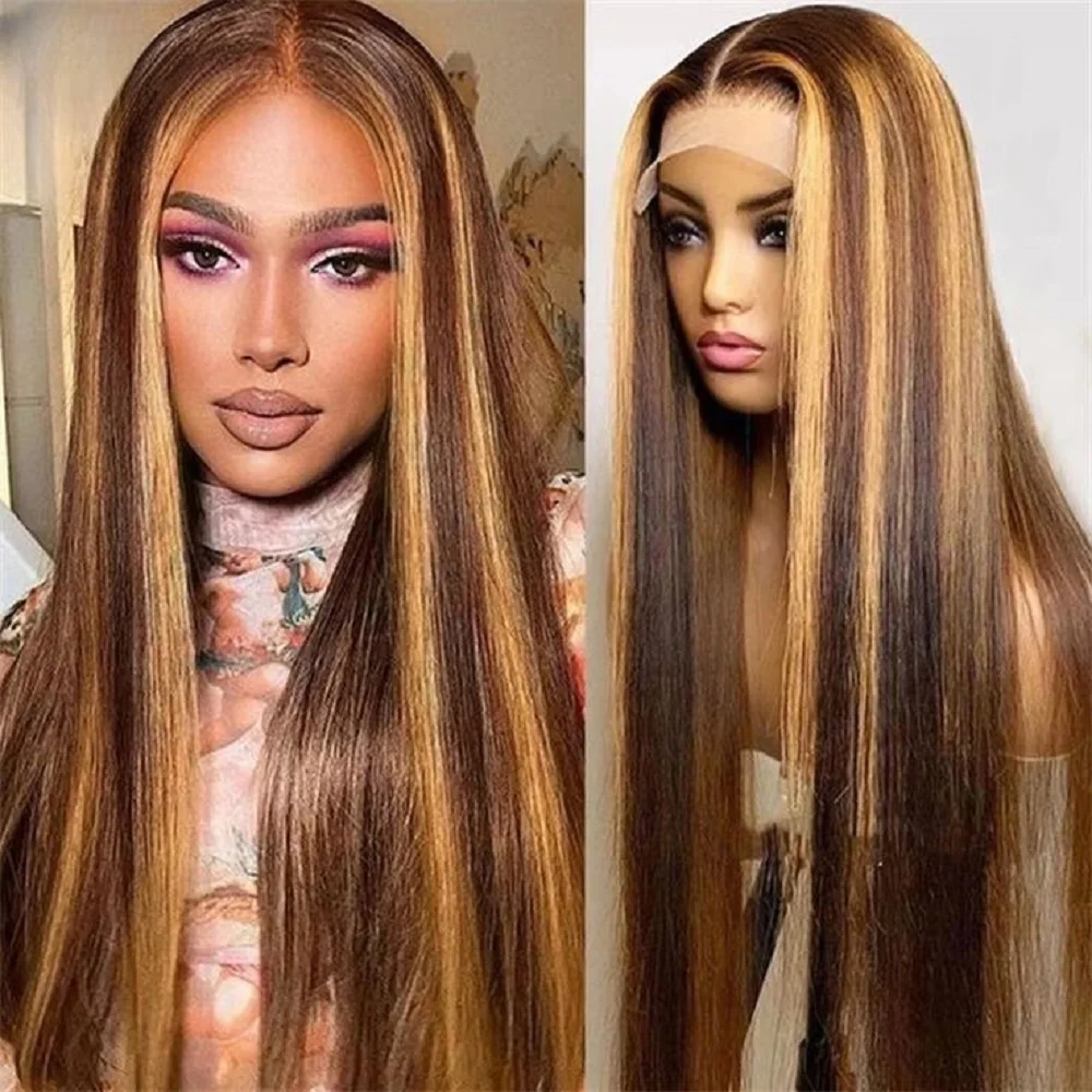 

180 Density 4/27 Colored Highlight Bone Straight Lace Front 100% Human Hair Wig 13x6 HD Transparent Lace Frontal Wigs PrePlucked