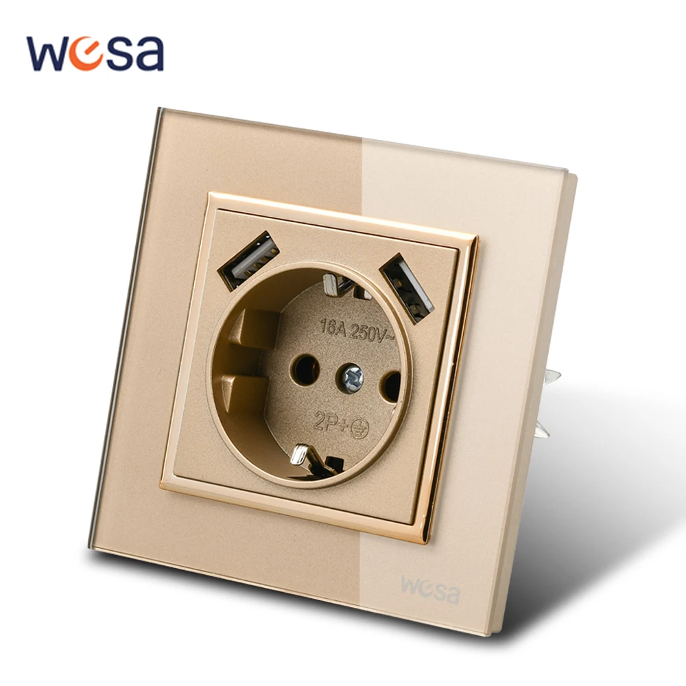 

WESA Crystal Tempered Glass Panel Golden Wall Socket Retardant EU Standard 2 USB Power Socket Electrical Outlet Standard Ground