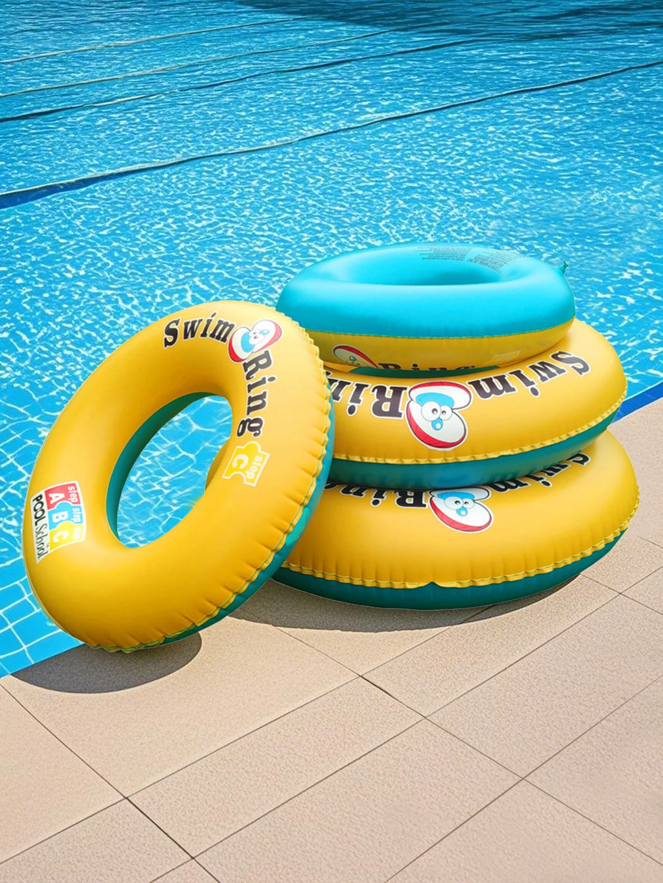 Nieuwe grensoverschrijdende populaire ABC gele zwemring met handvatten, schattige oksel drijvende ring, verdikte PVC zwembadvlotter,