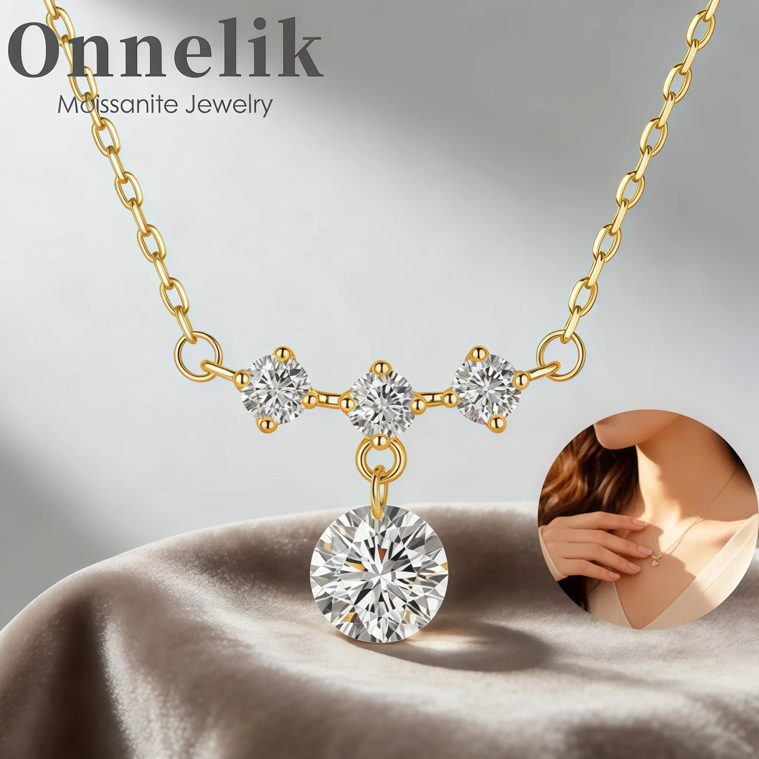 

Onnelik S925 Sterling Silver 18K Gold Plated Moissanite Necklace Fringe Pendant Light Luxury Collarbone Chain for Women Eelegant