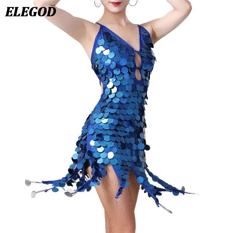 Women Sequins Coins Latin Dance Dress Ladies Girls Shiny Tassel Salsa  Tango Cha Cha Rumba Samba Practice Training Costumes Set