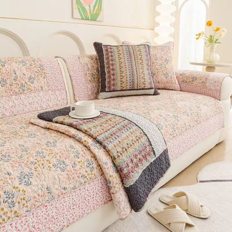 

Cotton Splicing Fabric Flower Sofa Cushion Ajustable Seat Pad Full Coverage Machine Washable Dust Proof Backrest Armrest Cover