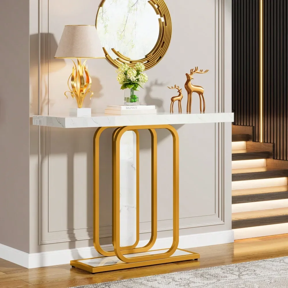 

Modern Entryway Console Table, 41.3 Inch Faux Marble White Entryway Table With Gold Metal Leg, Hallway Foyer Accent Table For L