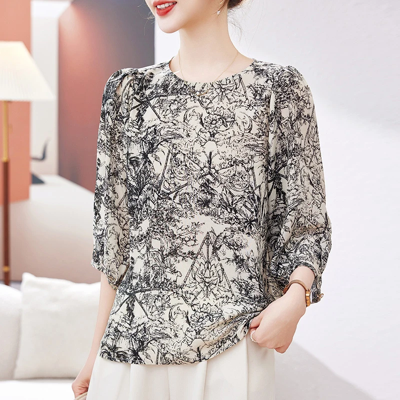 

Elegant Fashion Shirts and Blouses for Women Summer 100% Real Silk Women's Floral Print Shirt Loose Tops Woman Vintage Blouse