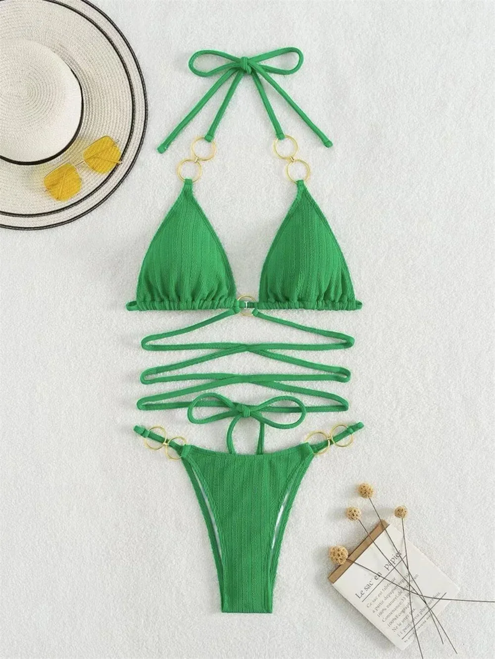 

Сексуальные кольца, бикини, стринги, зеленый купальник, Холтер, треугольник, открытая спина, отпускные купальники, женский разделенный пляжный купальный костюм с эффектом пуш-ап