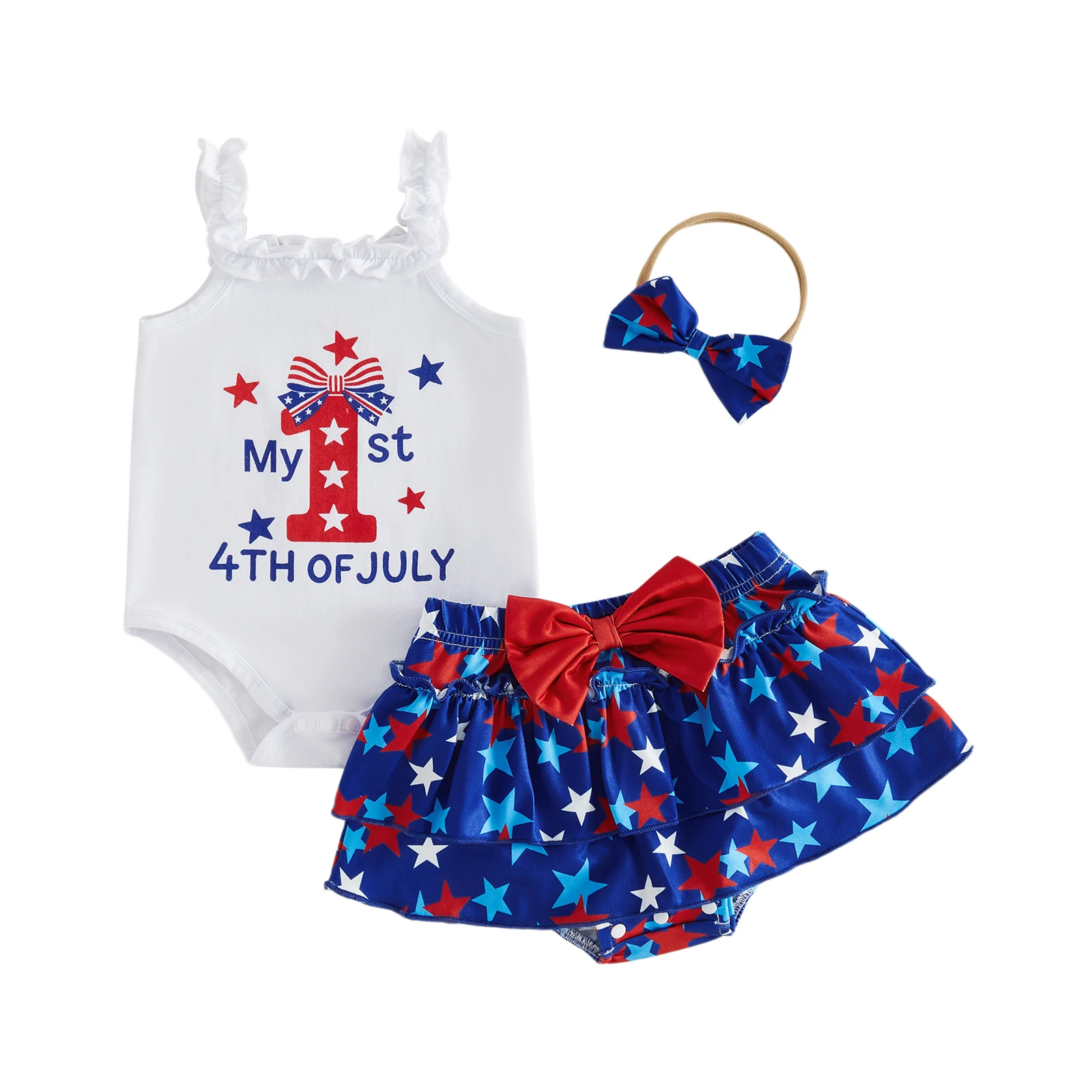 3Pcs 4th of July Outfit for Infant Girl Square Neck Sleeveless Star Letters Print Romper Layered Skorts and Headband Set