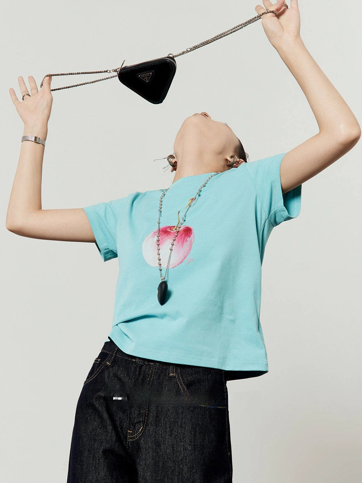 

Свободная круглая футболка Ne ort Sve, женская новая летняя футболка синего цвета с фруктовым принтом, повседневная, универсальная, простой дизайн