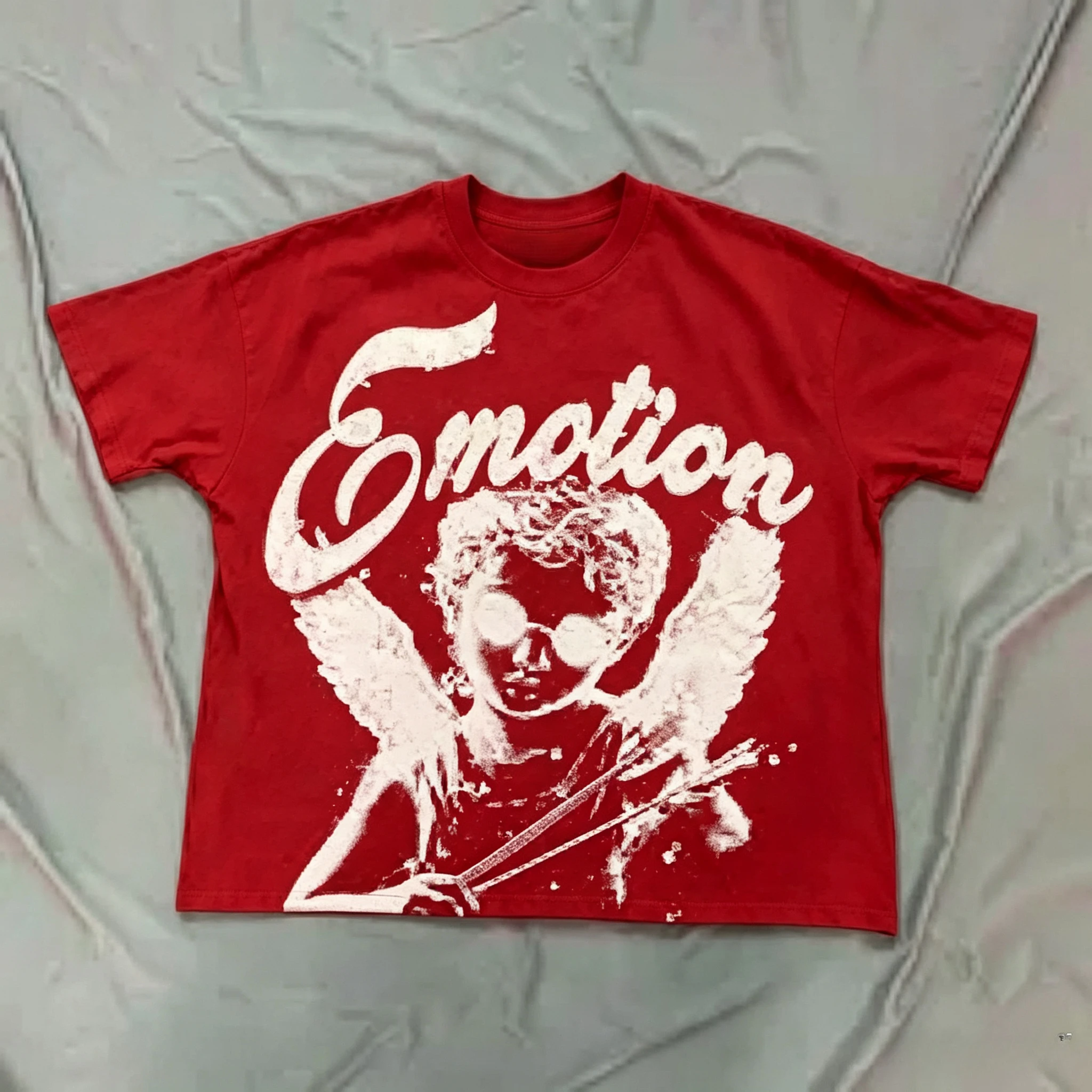 2026 Vintage Cupid Angel Graphic T Shirt Emotion Cursive Letter Print Oversized Short Sleeve Tee Unisex Streetwear