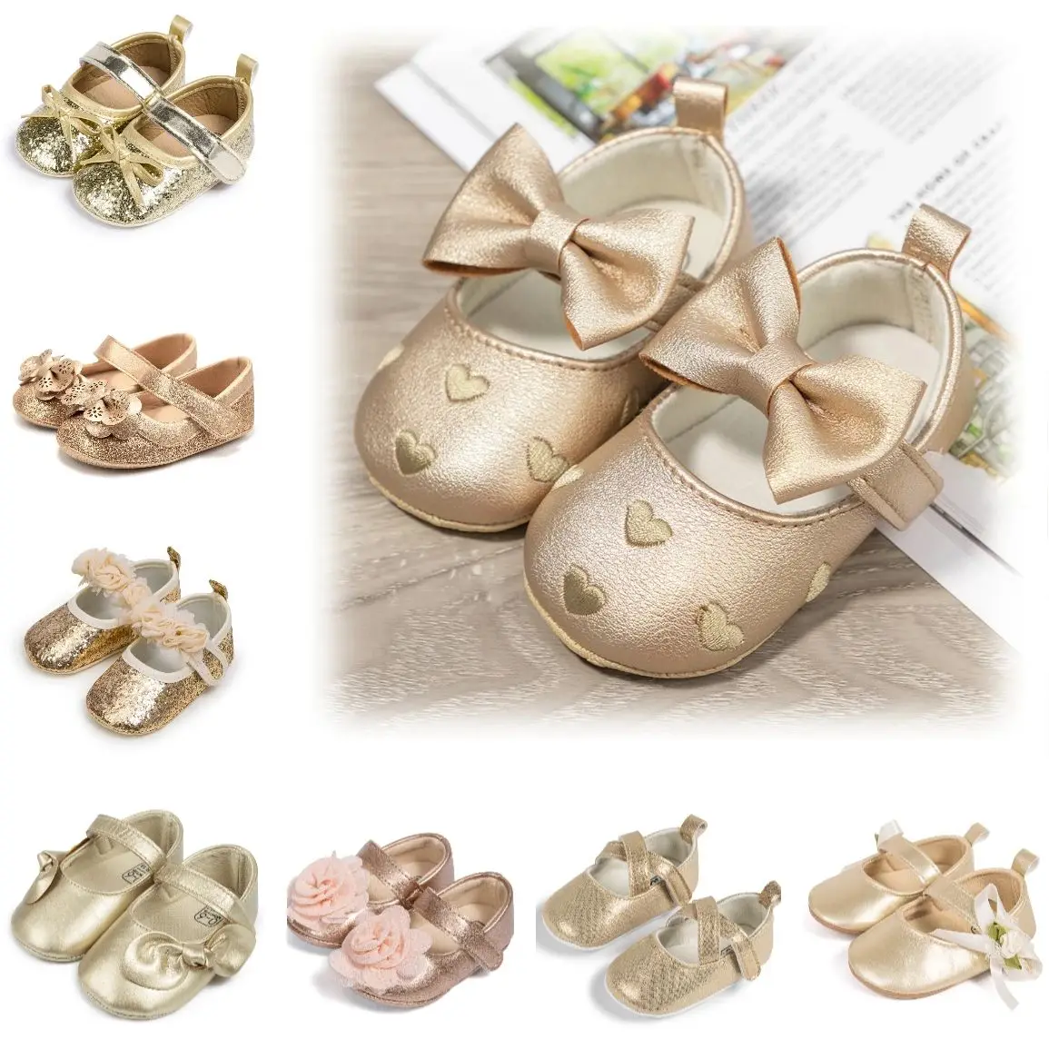 New Baby Girls Shoes Gold Tie Cute Bow Flower Baby Princess Shoes Wedding Birthday Party Non-Slip Soft Sole Baby Toddler Shoes