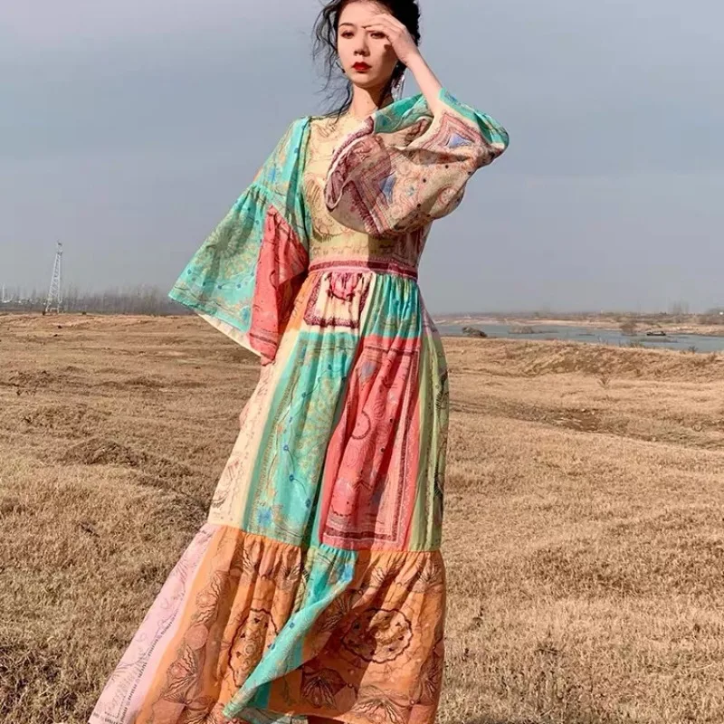 

Early Autumn 2023 Long Bell Sve round Ne Gown Waist Cinched Belted Travel Sle Dr Women's Faion Spring Summer Autumn