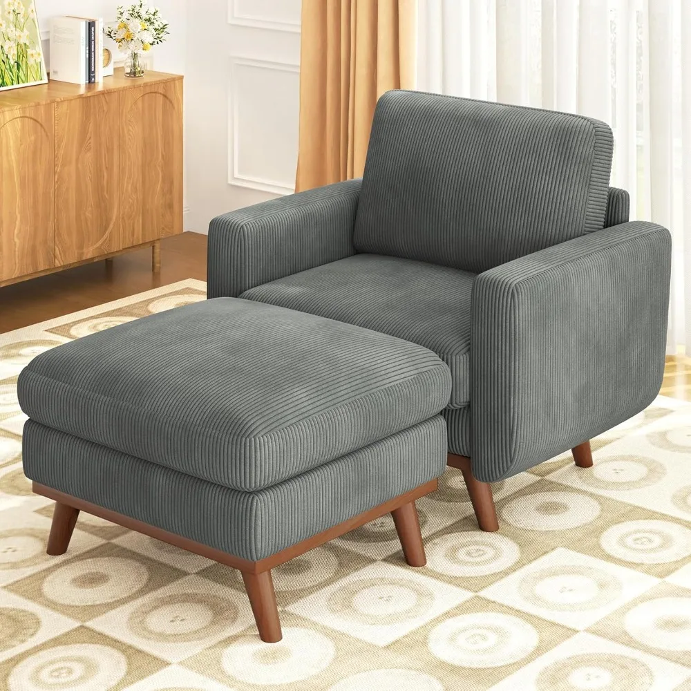 

38.5" Accent Chair with Movable Ottoman, Comfy Corduroy Armchair with Spring Cushion, Reading Chair with Ottoman, Modern Single