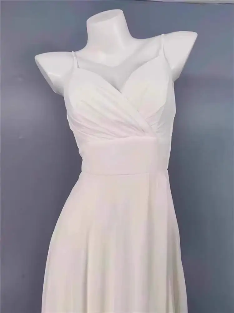 กระโปรงยาวทรงหรูหราสำหรับงานแต่งงาน ผ้าชีฟอง น้ำหนักเบา เหมาะสำหรับใส่ไปโบสถ์ มีซิป เอวสูง คอวี