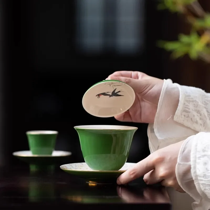 High-end Kung Fu tea set ceramic cover bowl teacup light luxury spring return Yan tea set gift box business office gift