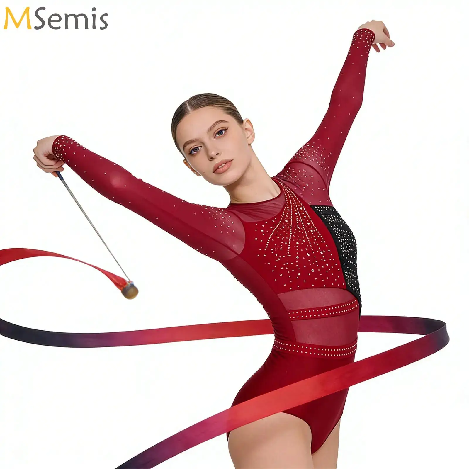 

Acrobatics Women Gymnastics Jumpsuits Shiny Rhinestones Patchwork Sheer Long Sleeve Color Block Ballet Dance Leotards Bodysuit