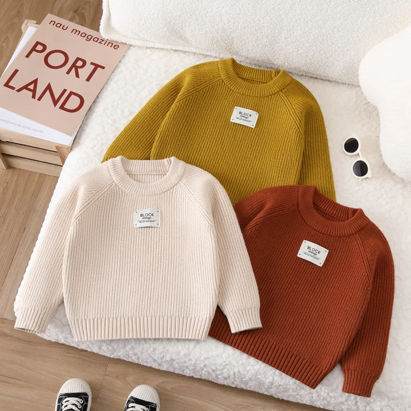 2026 Autumn Winter Boys Girls Sweater Solid Color Round Neck Knitted Bottoming Shirt For 2-6 Years Warm Knitting Pullover