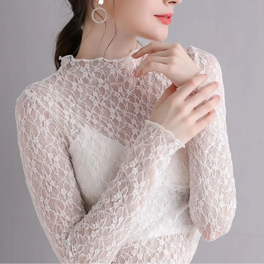 Blouse Women Turtleneck Grenadine Women Long Sleeve Gauze Clothes Perspective Hollow-out Lace Tops Blusas Ropa De Mujer