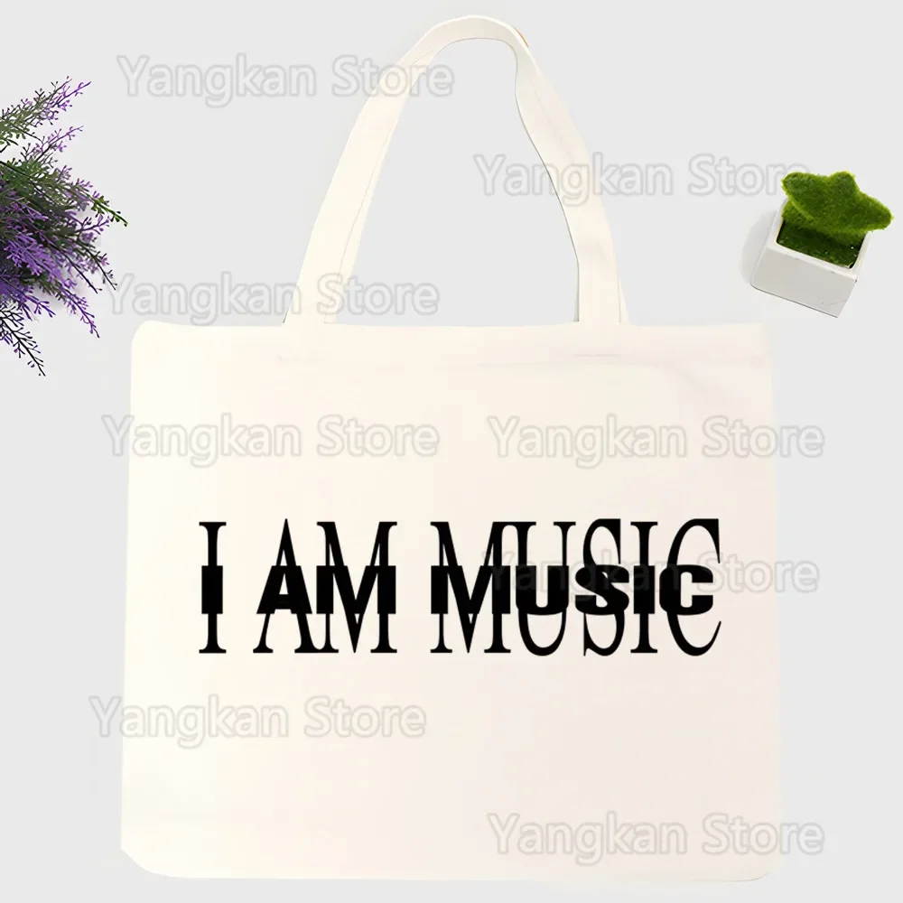 I Am Music Women Canvas Shopper Bag with Handle Eco Foldable Reusable Tote Bag Book Key Phone Shopping Bag