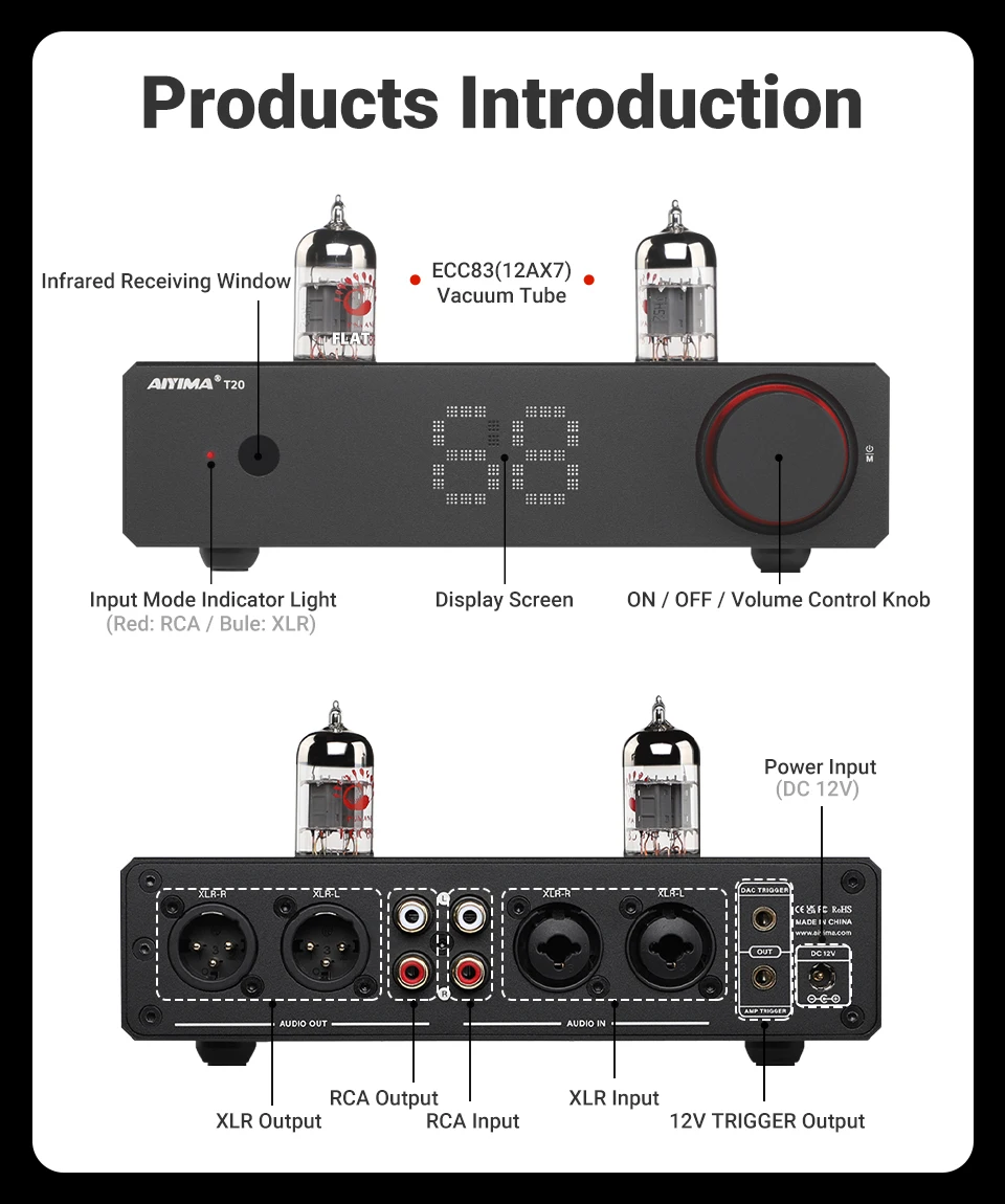 AIYIMA T20 Röhren-Vorverstärker ECC83 Vollständig Symmetrischer Vorverstärker RCA XLR Eingang HiFi Stereo DAC AMP 12V Trigger-Ausgang – Detail 5