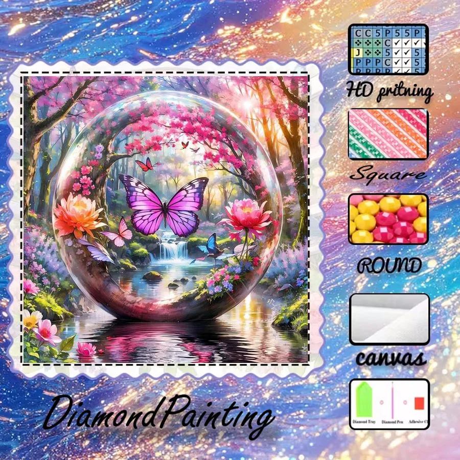 

1 piece - 5D-DIY - Flocking cloth - Special drill - Diamond painting set - Butterfly and flower - Mosaic - Diamond art