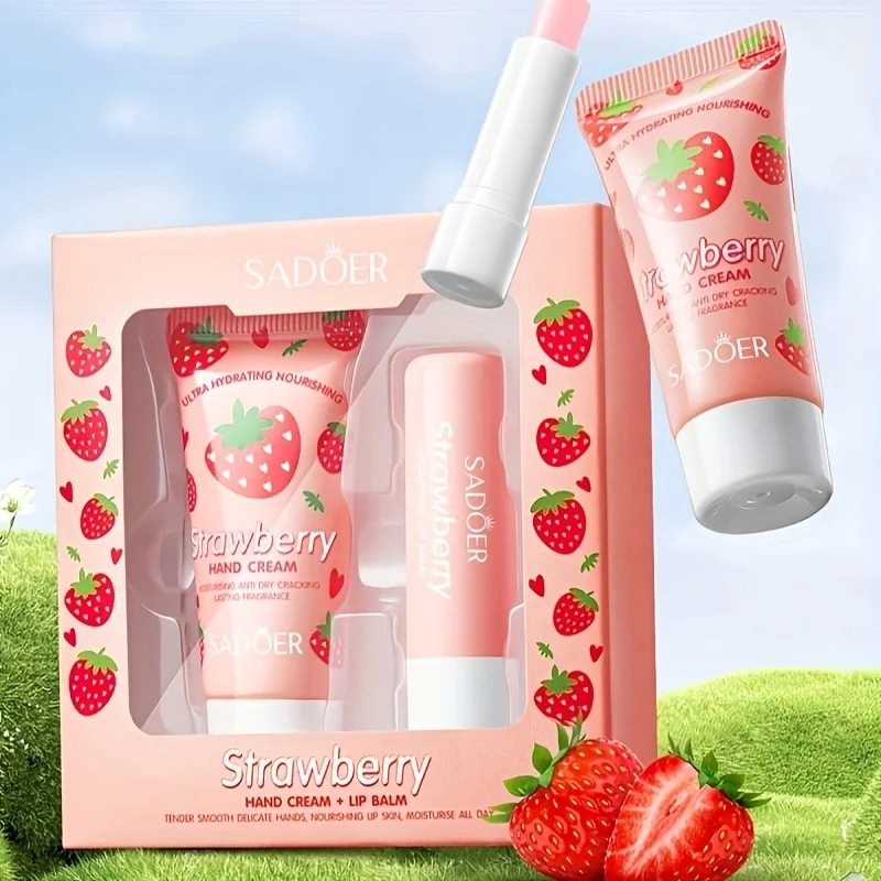 Juego de crema de manos y bálsamo labial "Berry Bliss" | Duo de hidratación caída-invierno | Humedad con infusión de fresa | Nutritivo y dulcemente perfumado