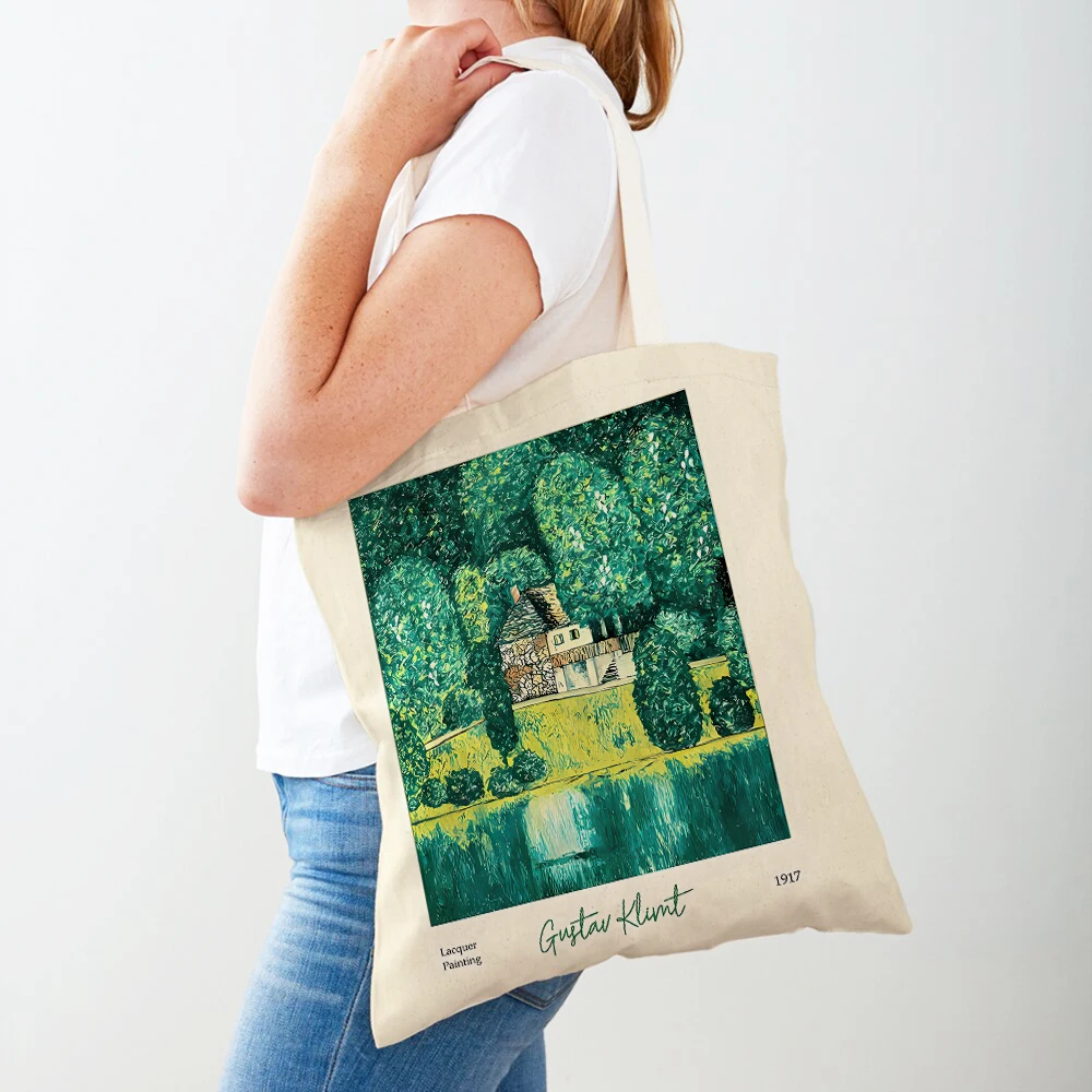 Gustav Klimt Green Flower Garden Flora Shopping Bag Double Print Eco Casual Nordic Shopper Bags Lady Canvas Tote Women Handbag