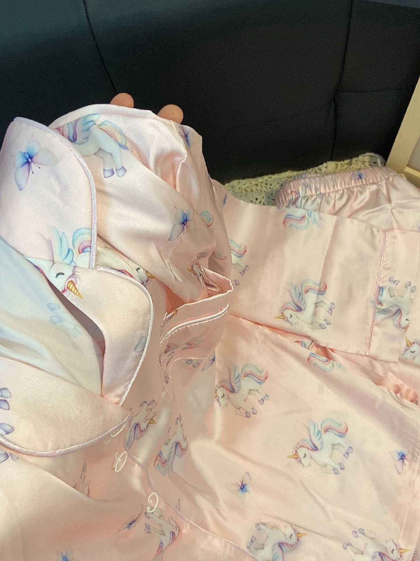 シルク寝間着-レディース-春秋-薄手-長袖-ホームウェアセット-外でも着用可能-かわいい小さな馬柄-ポリエステル繊維