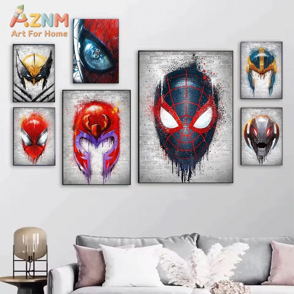 Graffiti Marvel Superhero Mask Canvas Wall Art Spider‑Man Iron Man Deadpool Wolverine Watercolor Print Poster, Frameless Wall