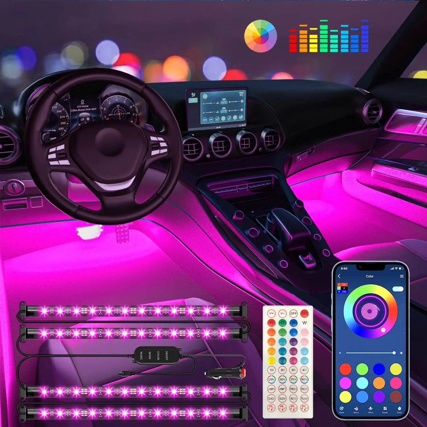 

Neon LED Car Interior Ambient Foot Lights Strip Light Wireless Remote Music App Control Auto RGB Atmosphere Decorative Lamps