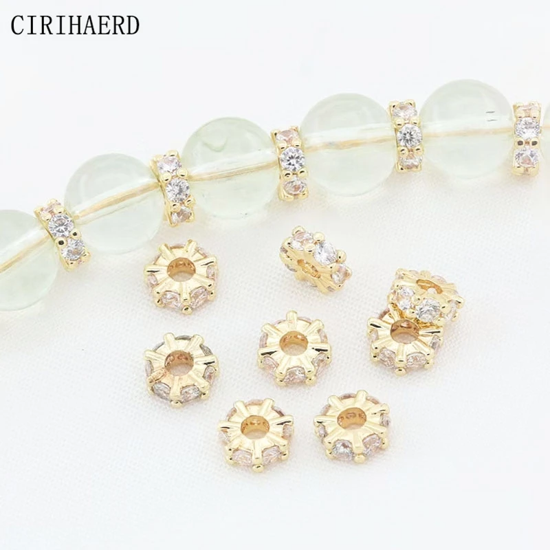 

4MM 6MM Flat Round Beads 14K Gold Plated Brass Inlaid Zircon Bracelet Spacer Bead For Separation Jewelry Making Supplies Beads
