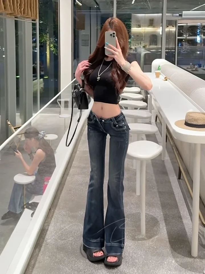 

Low Waist Color Blo Cowgirl Jeans Women's Slim Fit Long Bell Bot Distred Cotton Stretch Denim Faionable Autumn Wear