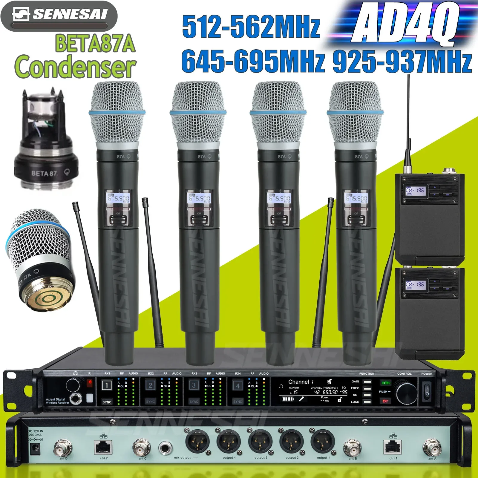 SENNESAI AD4Q Professional Wireless Condenser Microphone System 500/600/900MHz Beta87A Handheld 4-Channel Headset Mic For Stage