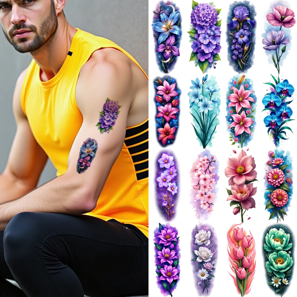 

9pcs Temporary Tattoo Colorful Realism Blue Flowers Tulips White Roses For Thighs Shoulders Male