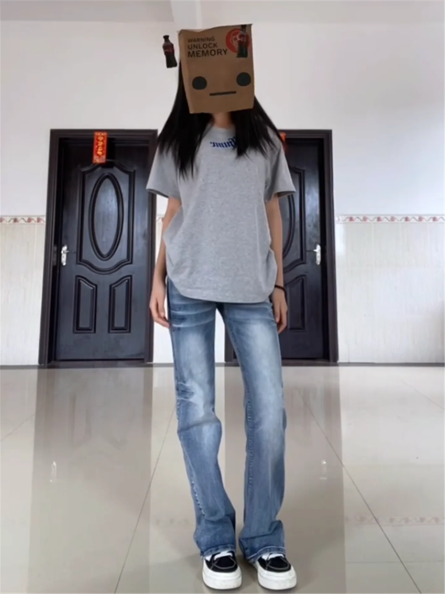 

Винтажные джинсы-клеш в американском стиле с низкой талией для женщин, весенние повседневные брюки для похудения, ретро-стиль, из смесового хлопка с эффектом потертости