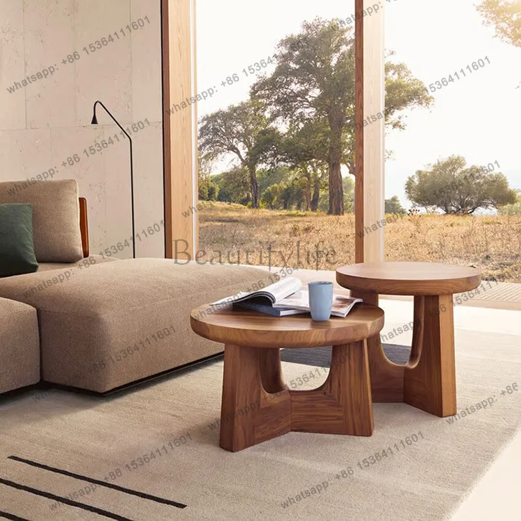 YJ Nordic  log small apartment living room bedroom round coffee table simple retro tea table