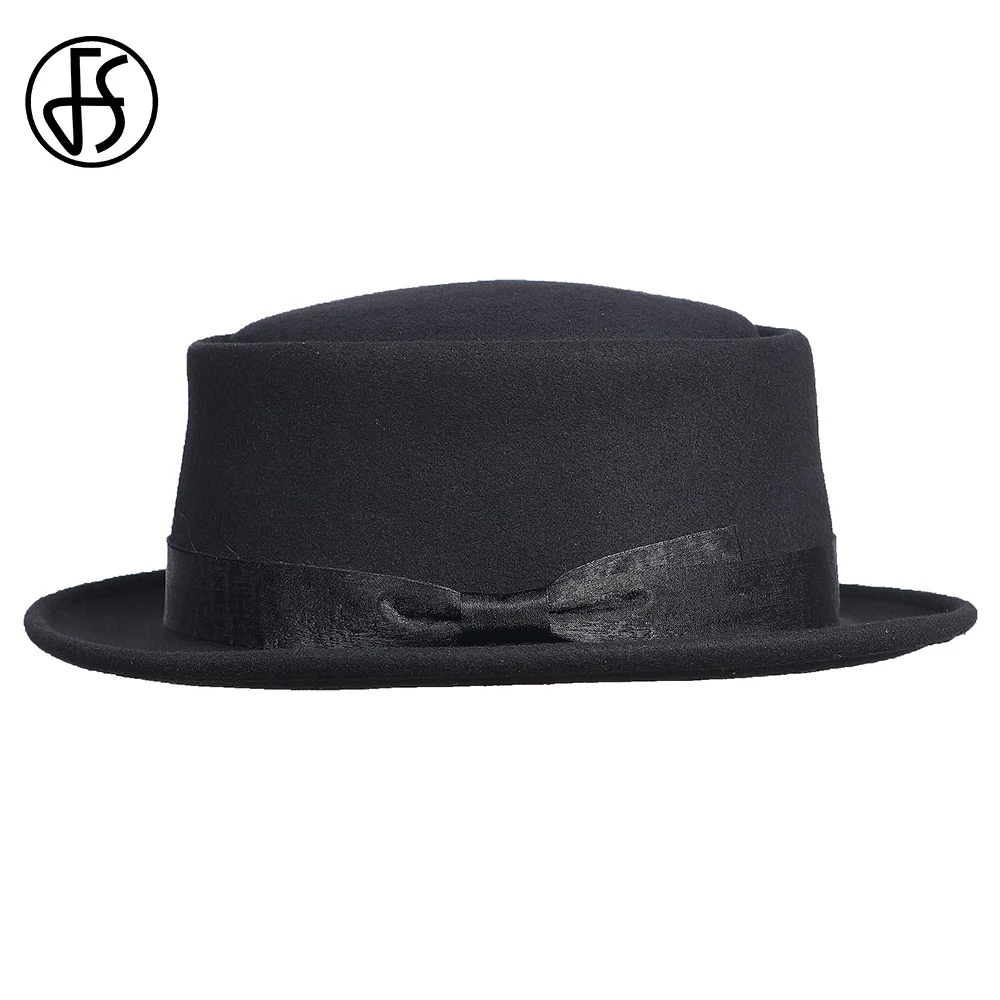 Schwarze Fedora-Hüte aus 100 % Wollfilz mit Kuppel und flacher Krempe für Männer und Frauen mit Schleife, Schweinekuchenhut, Kirche, Jazz, Panama-Kappen, Partyhut