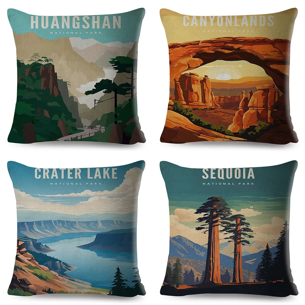 Travel City Pillow Case Decor Beautiful Scenic National Park Double Printed Cushion Cover Linen Pillowcase for Sofa Home Car